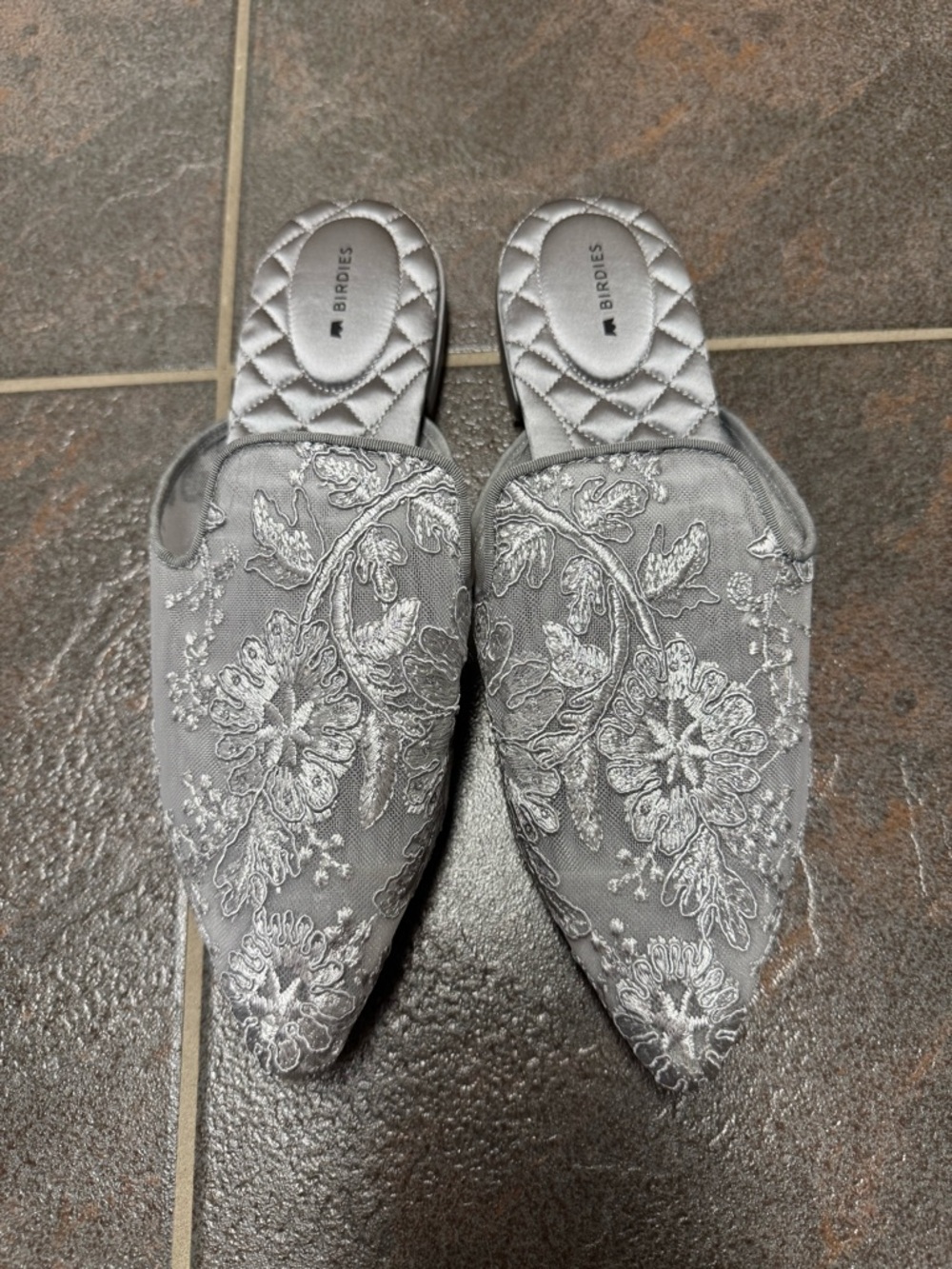 Birdies Dove Embroidered Flower Floral Lace Mules Slip On Shoes Gray Silver 9 - Picture 11 of 13